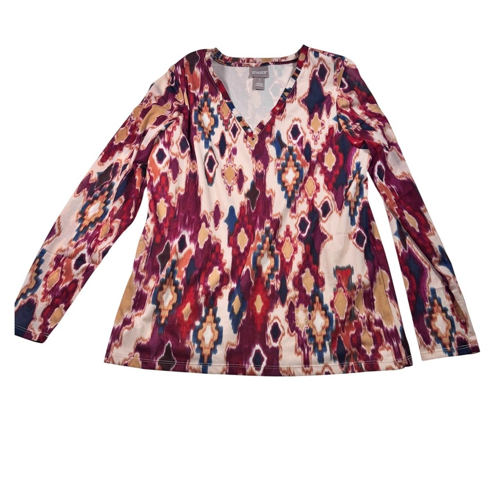 Chicos Size 1 Ikat Print V Neck Long Sleeve Blouse Top Polyester Women travel